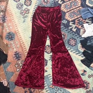 Crushed Velvet Flared Pants in Burgundy